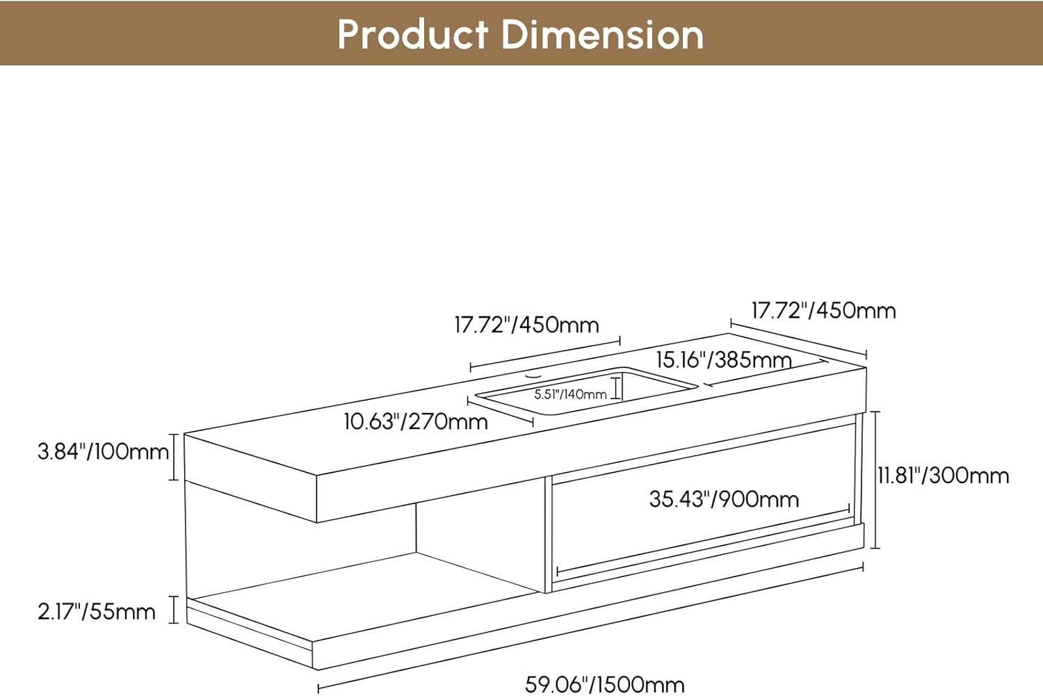 Homary 150 cm Schwebender Waschtisch mit Sinterstein-Waschbecken und 2 Schubladen Minimalistischer Waschtisch mit viel Stauraum, Soft-Close-Schubladen und edlem Sinterstein-Waschbecken