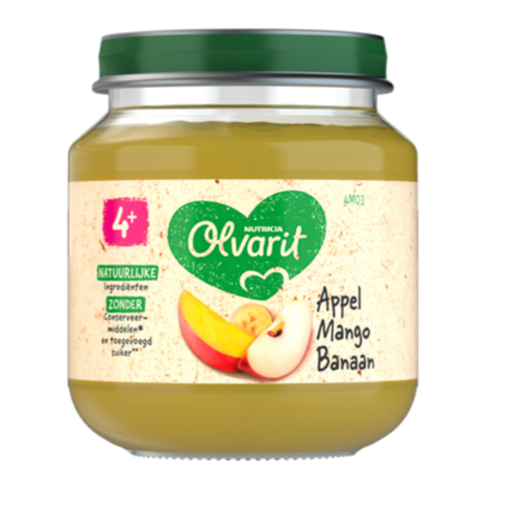 6x Olvarit 1e Fruithapje 4m Appel, Mango en Banaan 125 gr