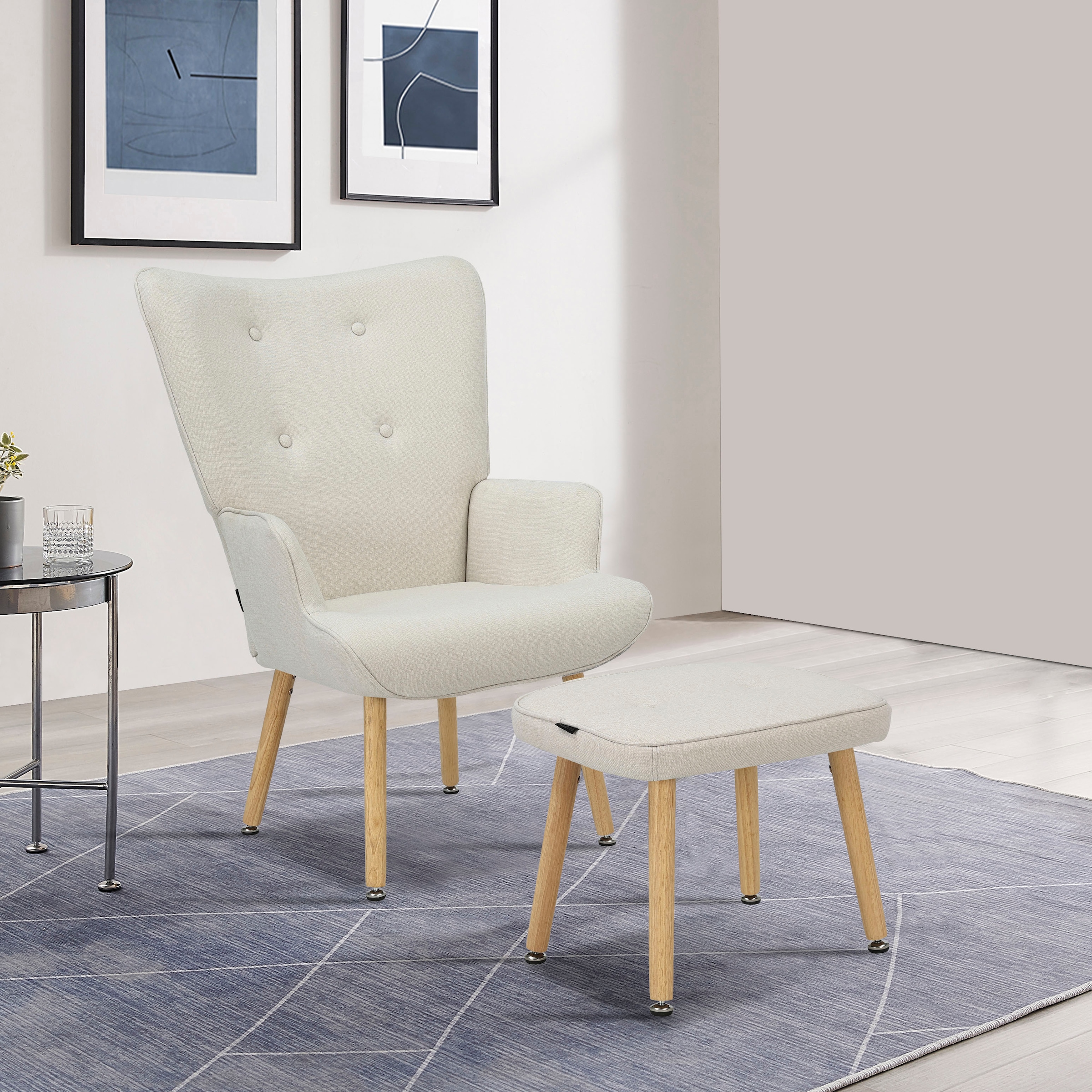 GOODproduct Ohrensessel »PERHAM, Sessel mit Hocker im Set, Knopfheftung, Massivholz-Füsse,« komfortabler Relaxsessel und Sitz-Hocker mit Strukturbezug