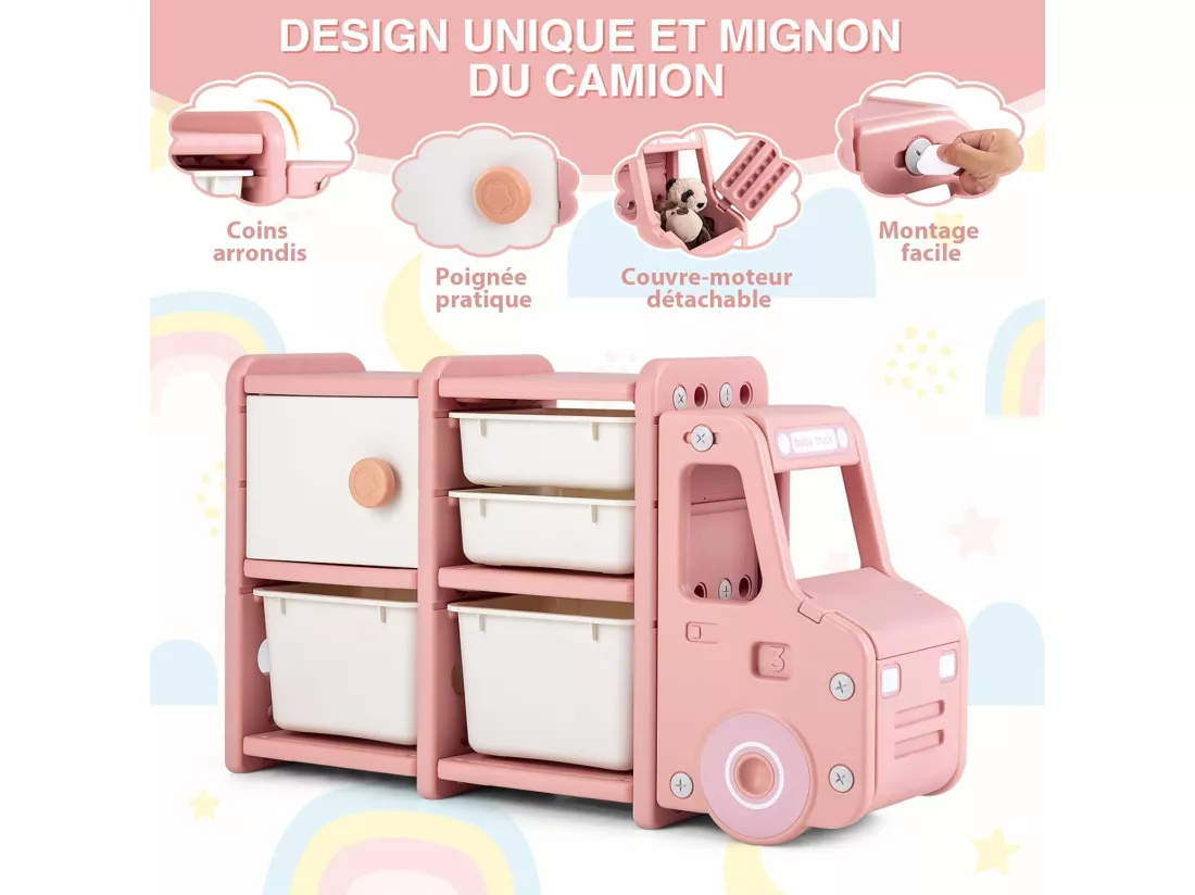 Meuble de Rangement Jouets en Forme Camion avec 2 Bac & 2 Tiroirs, 110x32x66cm, Rose