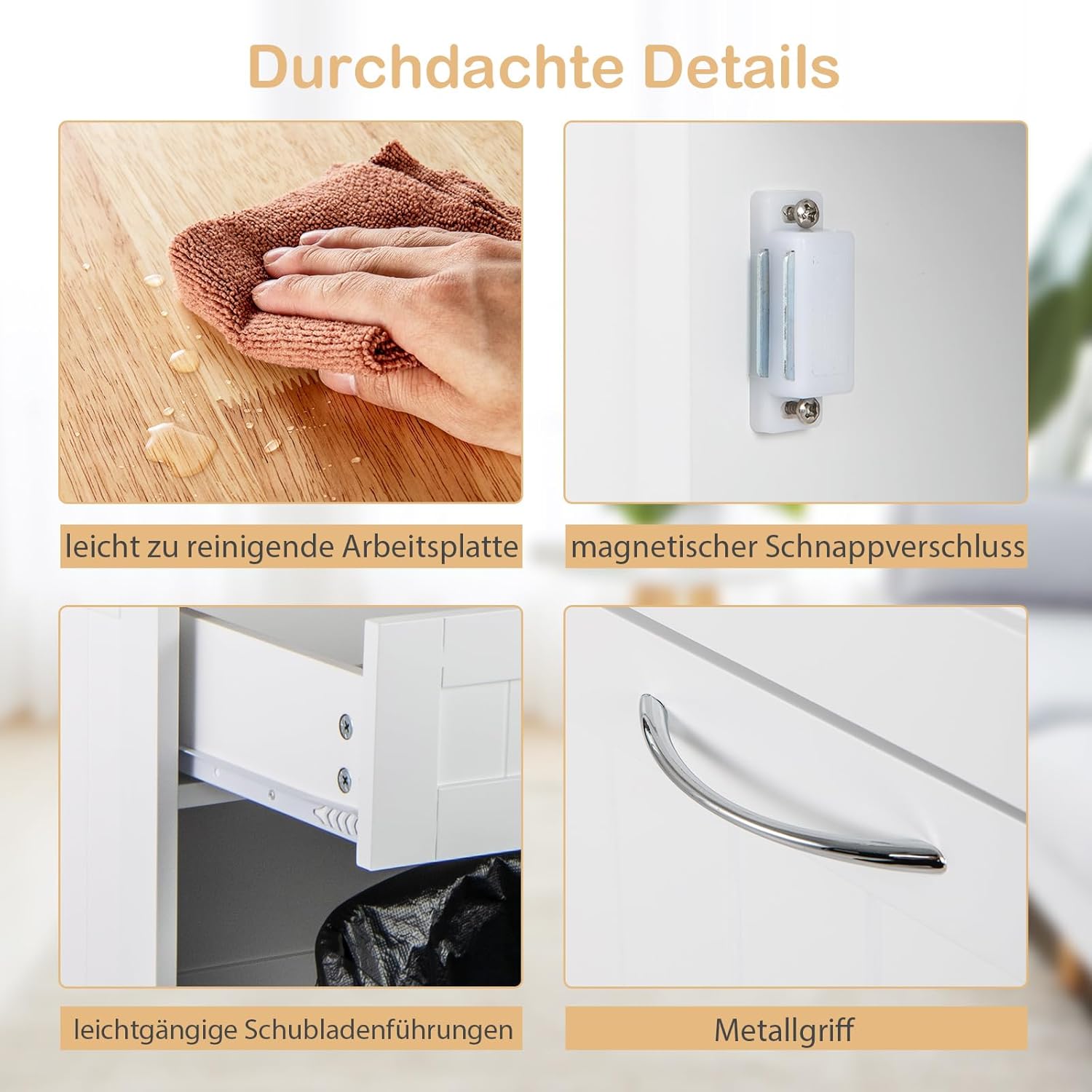 COSTWAY Kommode für Mülleimer 42L, Küchenschrank mit großer Arbeitplatte & 2 Schubladen & verstellbarem Regal, Mülleimerschrank mit Mülleimerhalter, Schrank für Küche ohne Mülleimer (Weiß)