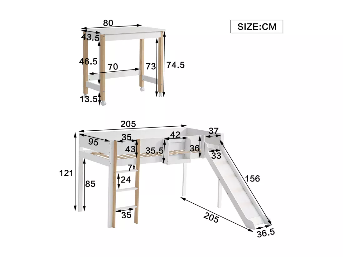 Lit mezzanine 90 x 200 cm avec toboggan, table et étagère amovible, pin+MDF, blanc+naturel