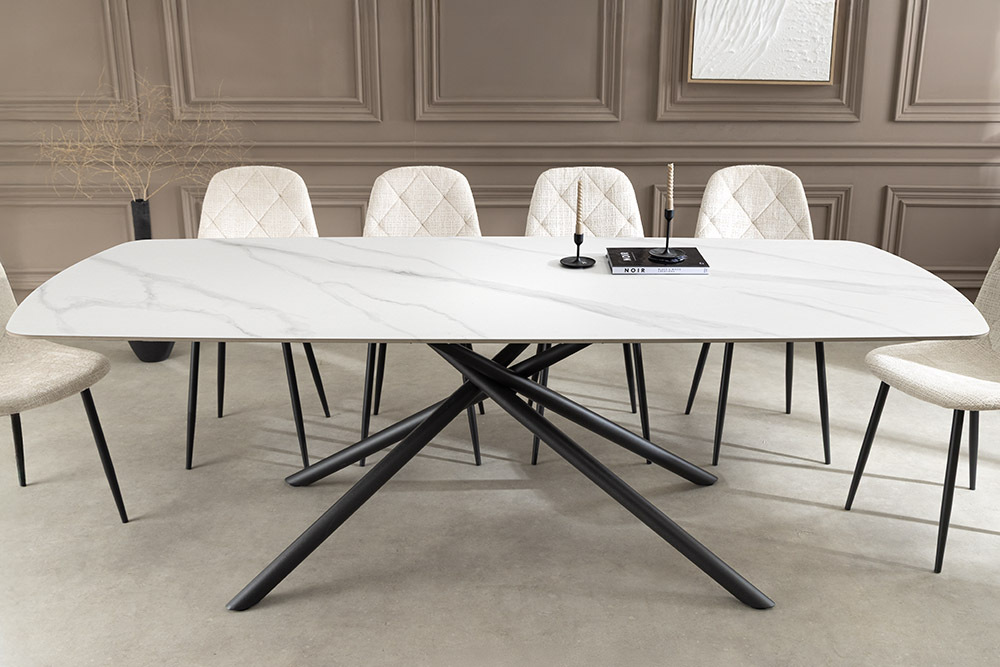 Design Esstisch OSAKA 200cm weiß Keramik schwarz Sterngestell Metall