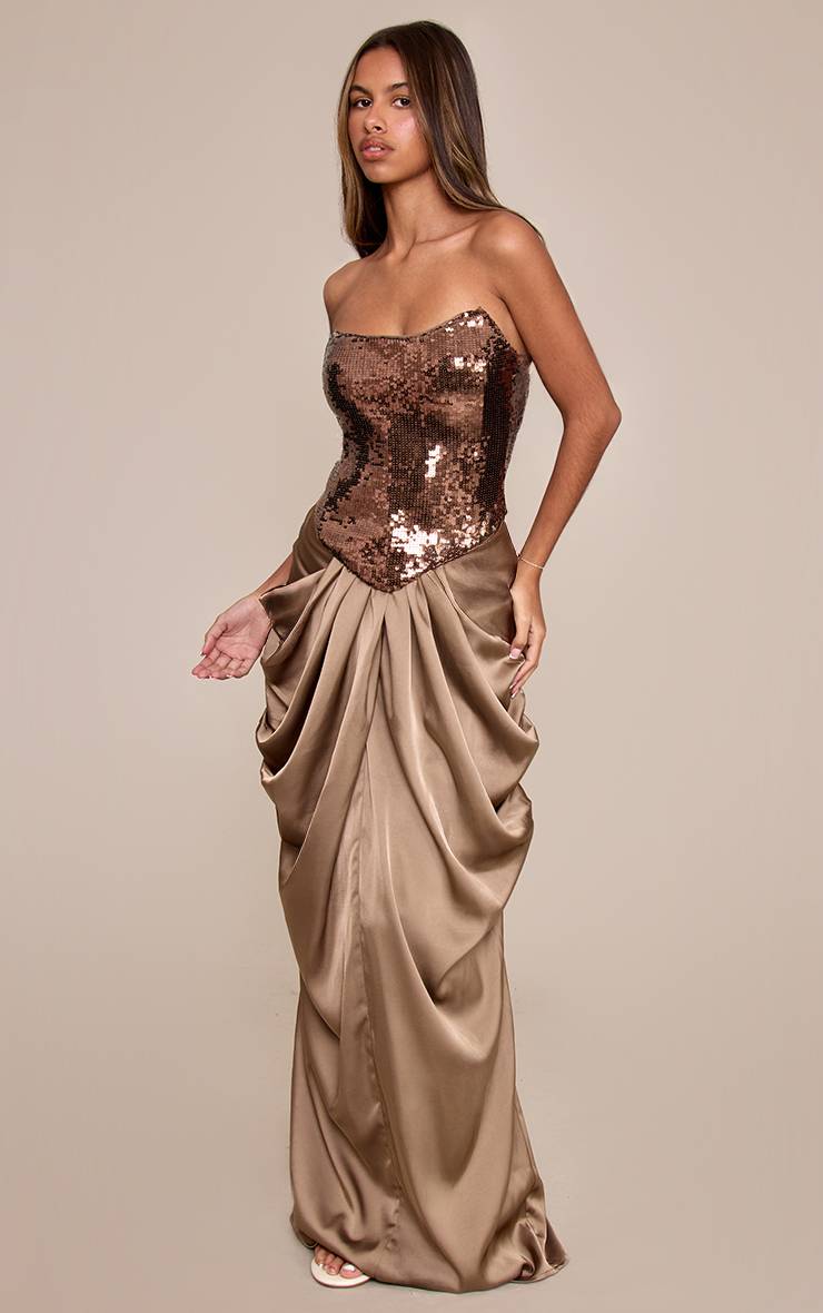 Taupe Jupe Longue Drapée Taille Basse En Satin Petite