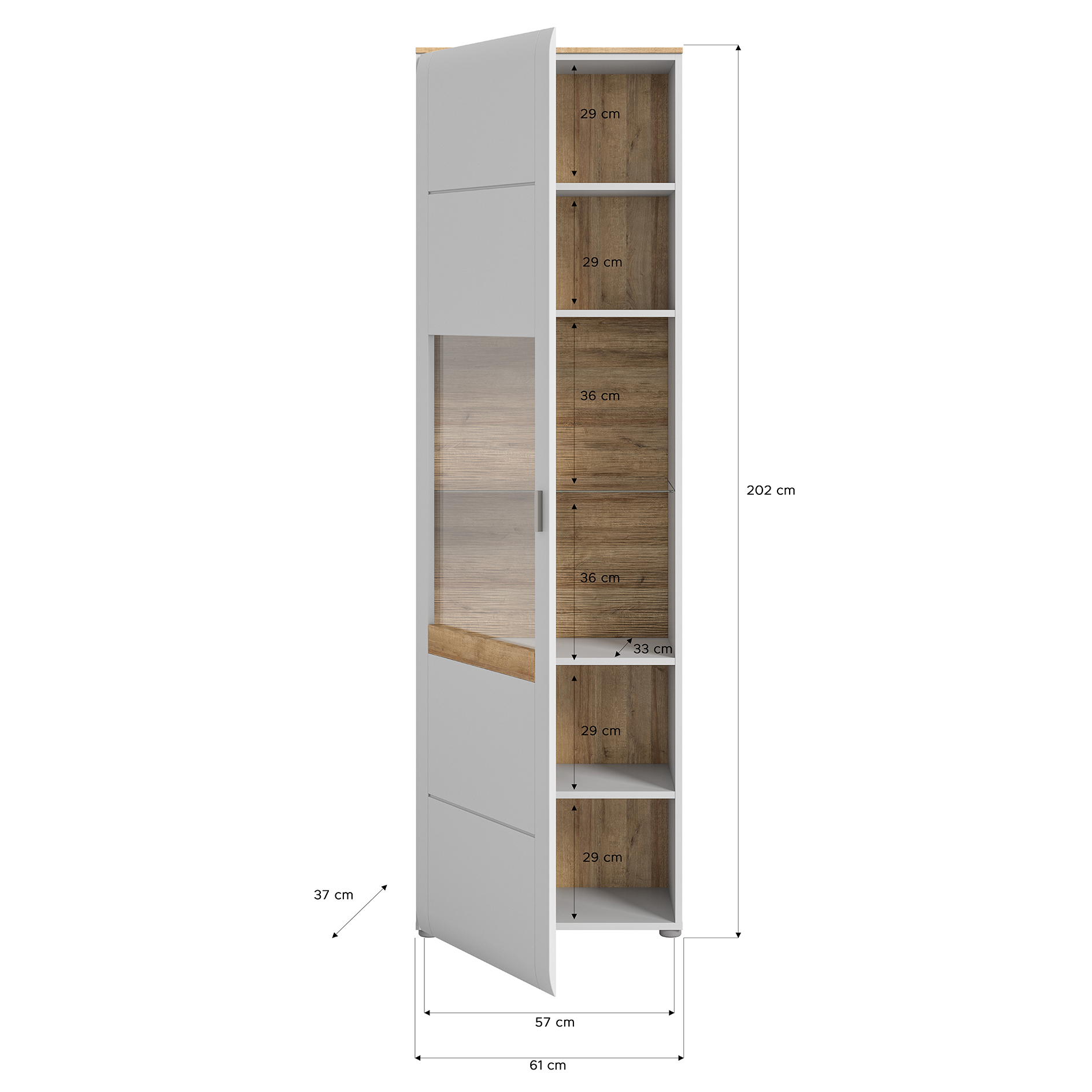 Vitrine ASHTON - ashgrey matt-Rivera Eiche - 202 cm hoch