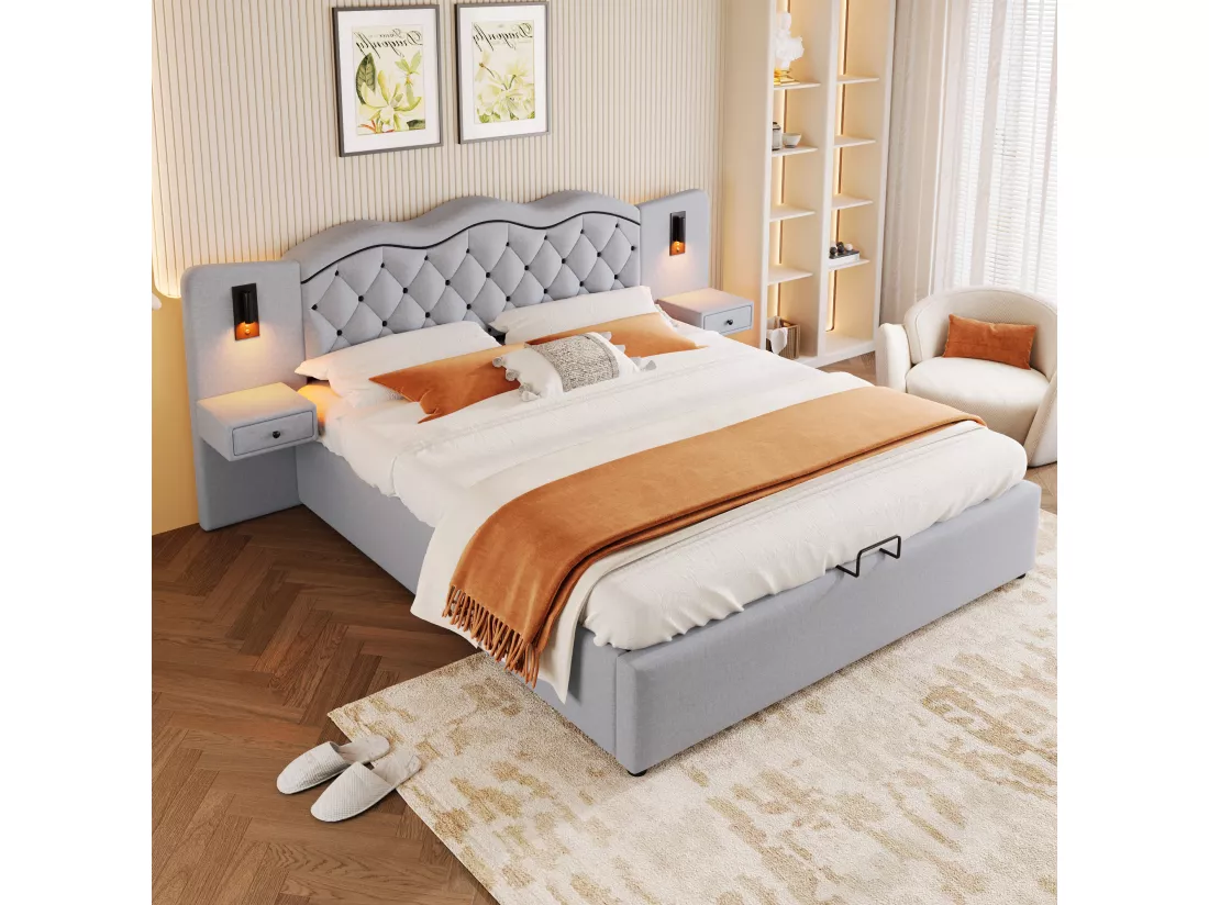 Lit coffre 160x200 cm en lin - 2 chevets de rangement avec prise USB et lampes - Gris