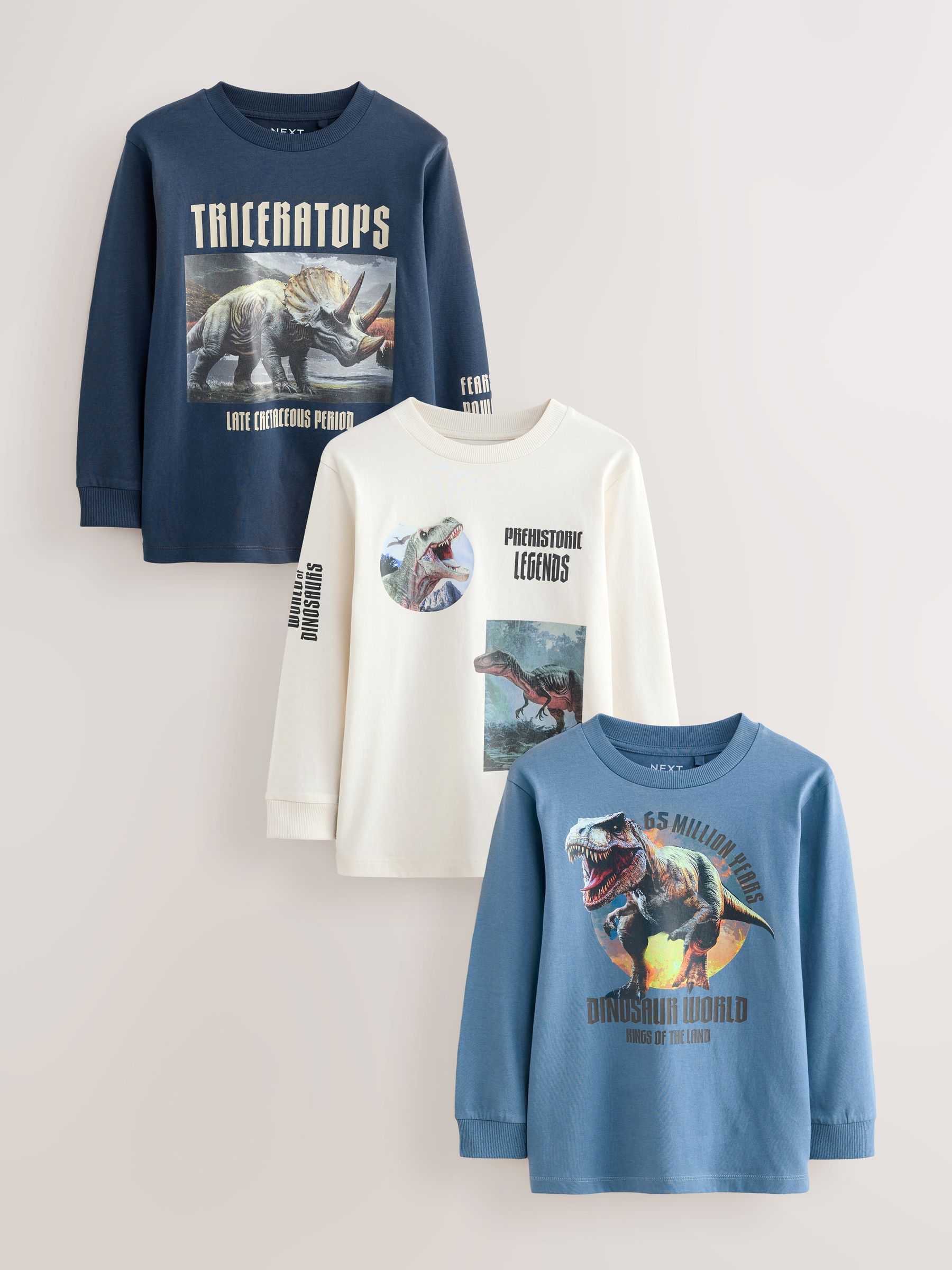 Marineblauw/blauw/ecru dinosaurus - Bedrukte T-shirts met lange mouwen verpakking van 3 (3 - 16 jr)