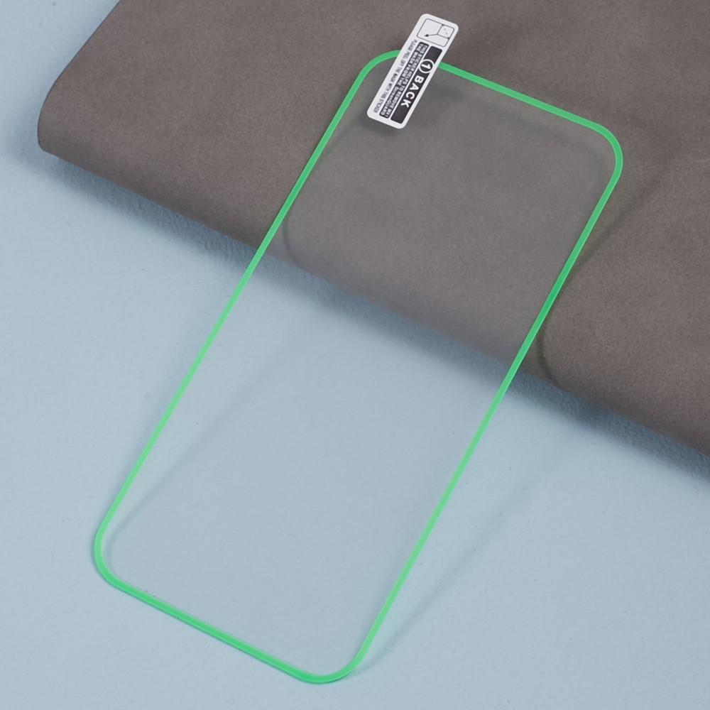 iPhone 15 Pro Max Full-Screen Vollbild Glas Fluoreszierender Display Schutz mit Leuchtendem Alu Rahmen - Grün / Transparent
