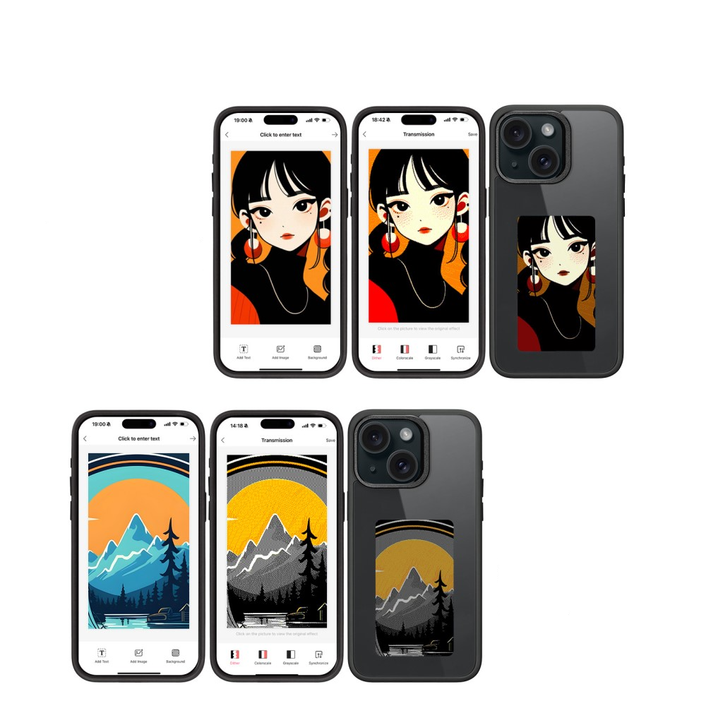 iPhone 15 Hybrid Hülle TPU Bumper mit Acryl Rückseite   DIY E-Ink Display mit NFC Technologie - Schwarz