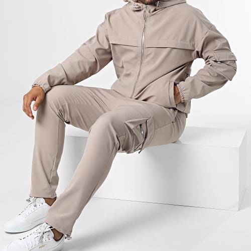 Ensemble Sweat Zippé Capuche Et Pantalon Cargo LL715 Taupe