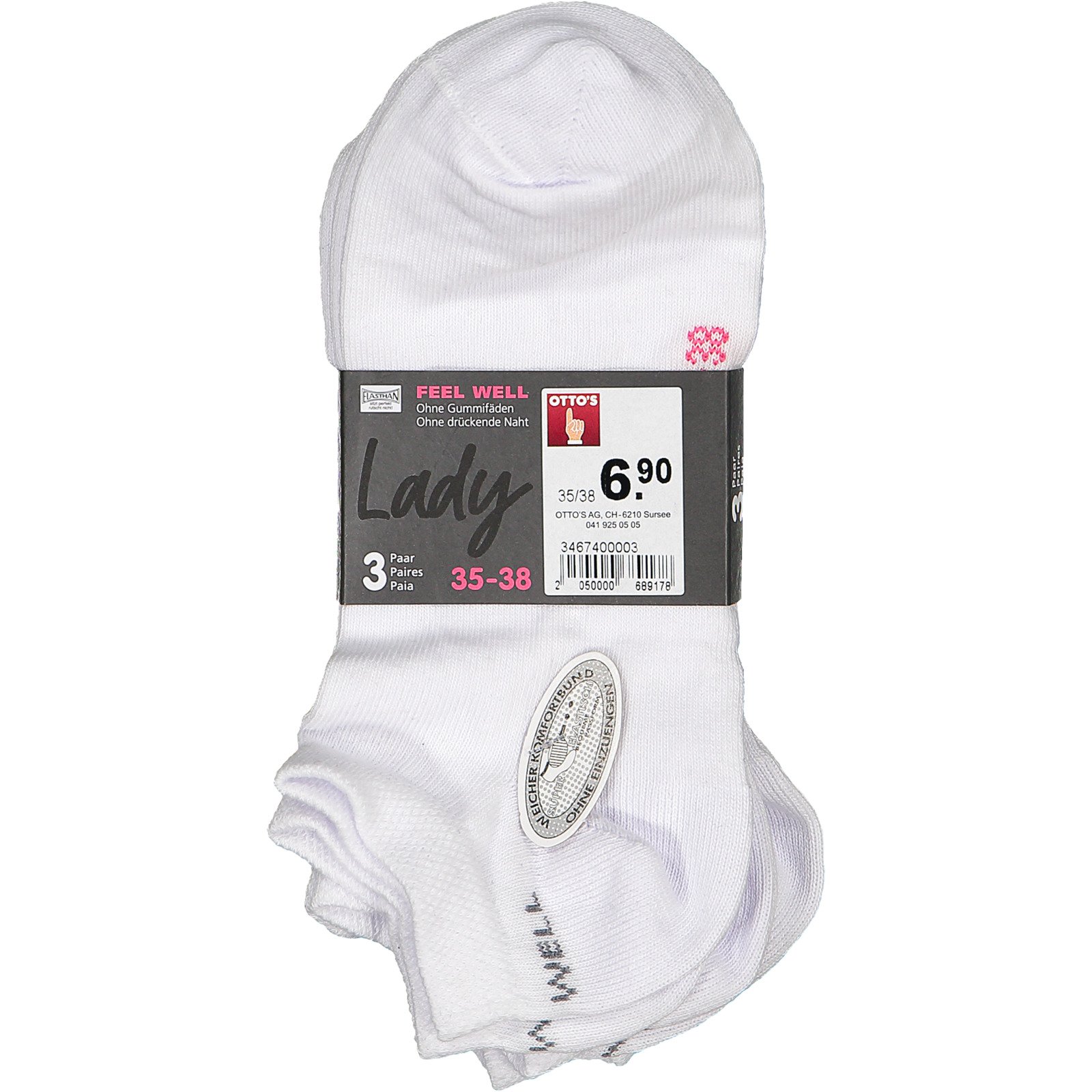 Feel Well Sneakersocken uni, 3 Paar 35-38, weiss