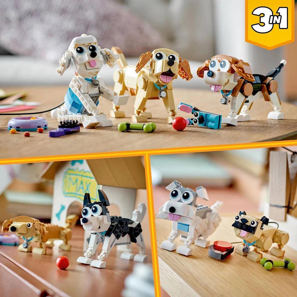 Honden3-in-1 Schattige Honden Dieren Speelgoed Set met Teckel, Mopshond en Poedel 31137
