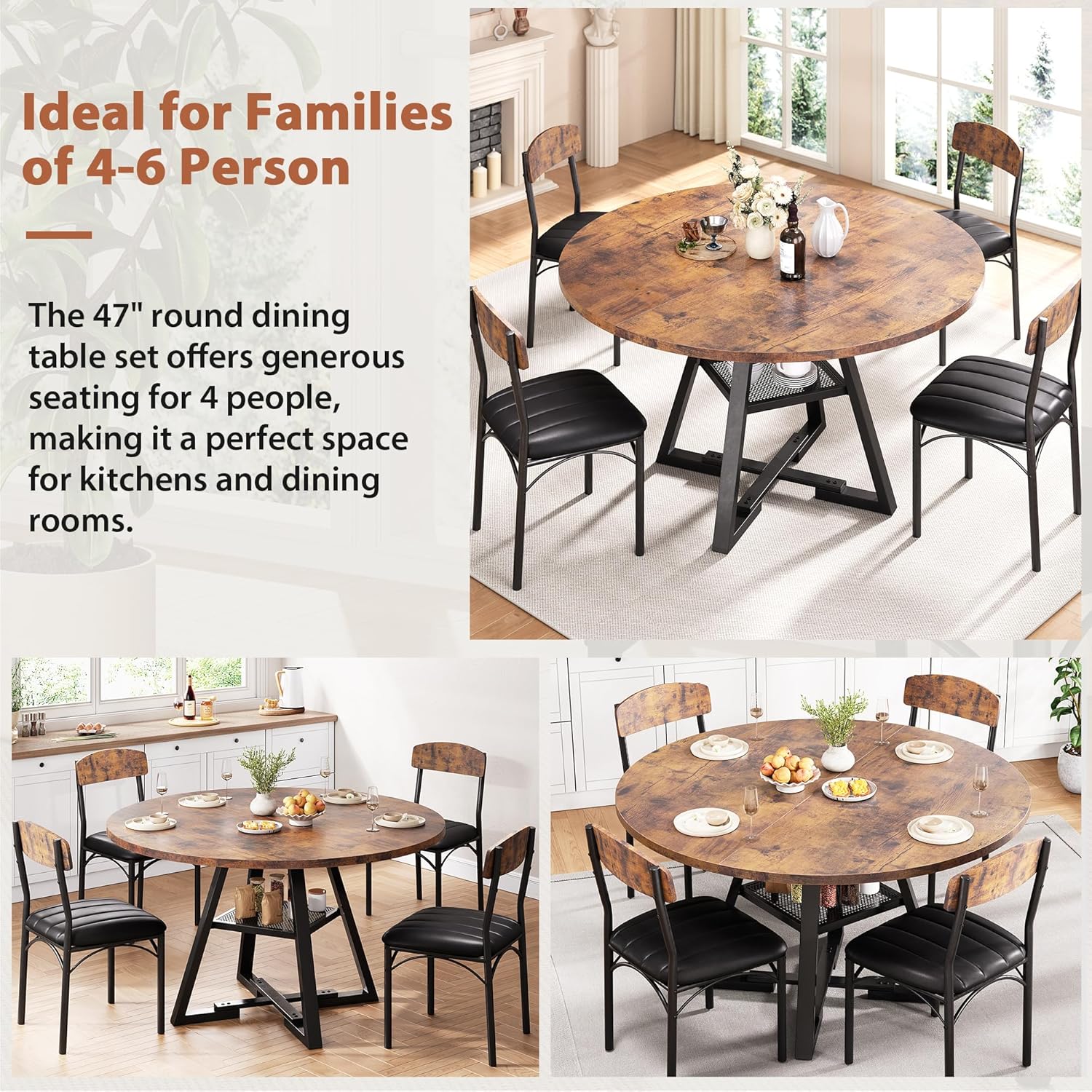 Runder Esstisch und 4 Esszimmerstühle Set, Essgruppe 5-Teilig, Esszimmertisch mit Ablage und 4 stühle, platzsparender Küchentisch aus Holz im Industrial Design (Vintage Braun, 107x107x76cm)