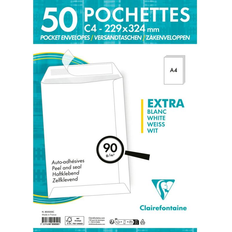 Paquet de 50 Pochettes Blanches C4-229x324 mm - Auto-Adhésives - 90/m2 - Blanc