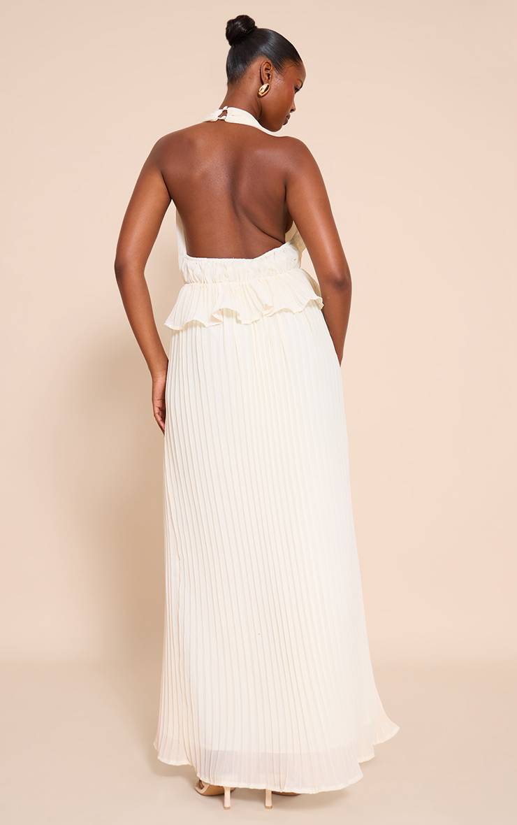 Pale Yellow Robe Longue Plissée À Col Licou Avec Détails De Volants