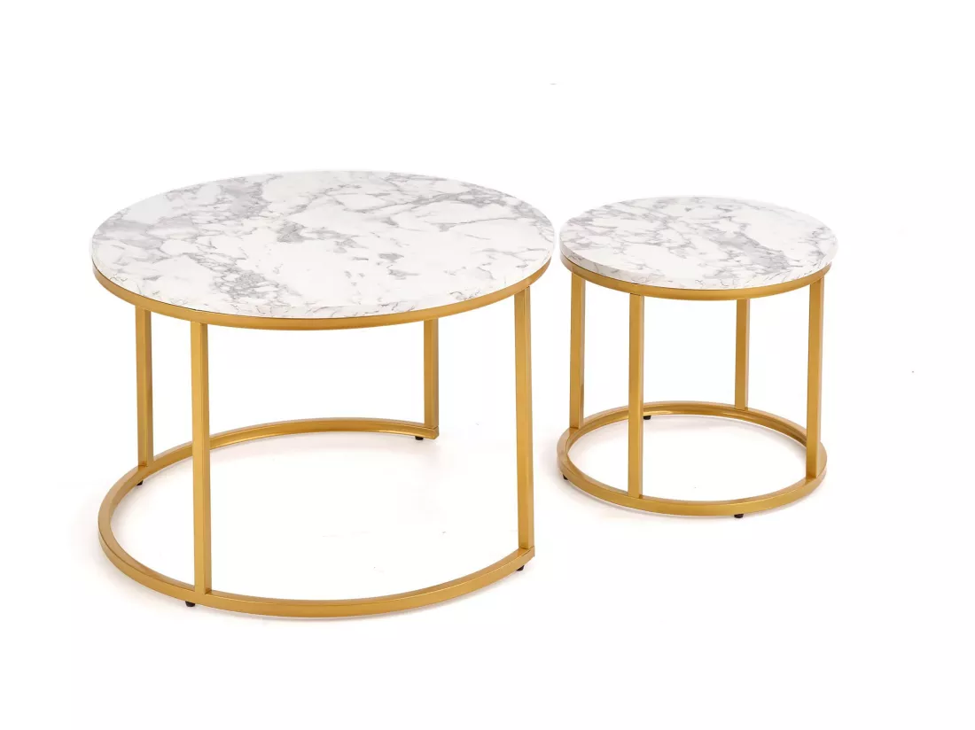 Tables gigognes rondes avec plateau style marbre et structure en métal doré Troie