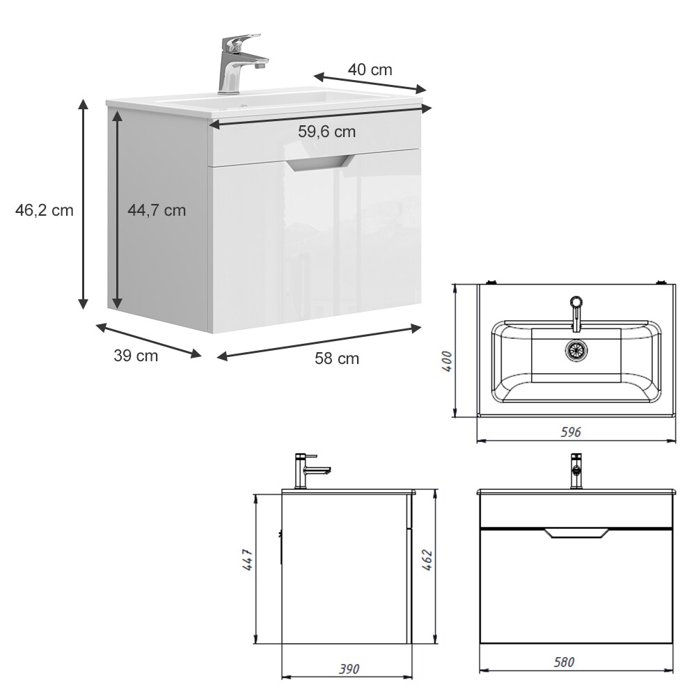 Vicco Waschbecken mit Unterschrank Stefania 60 cm breit, Waschtisch hängend Weiß