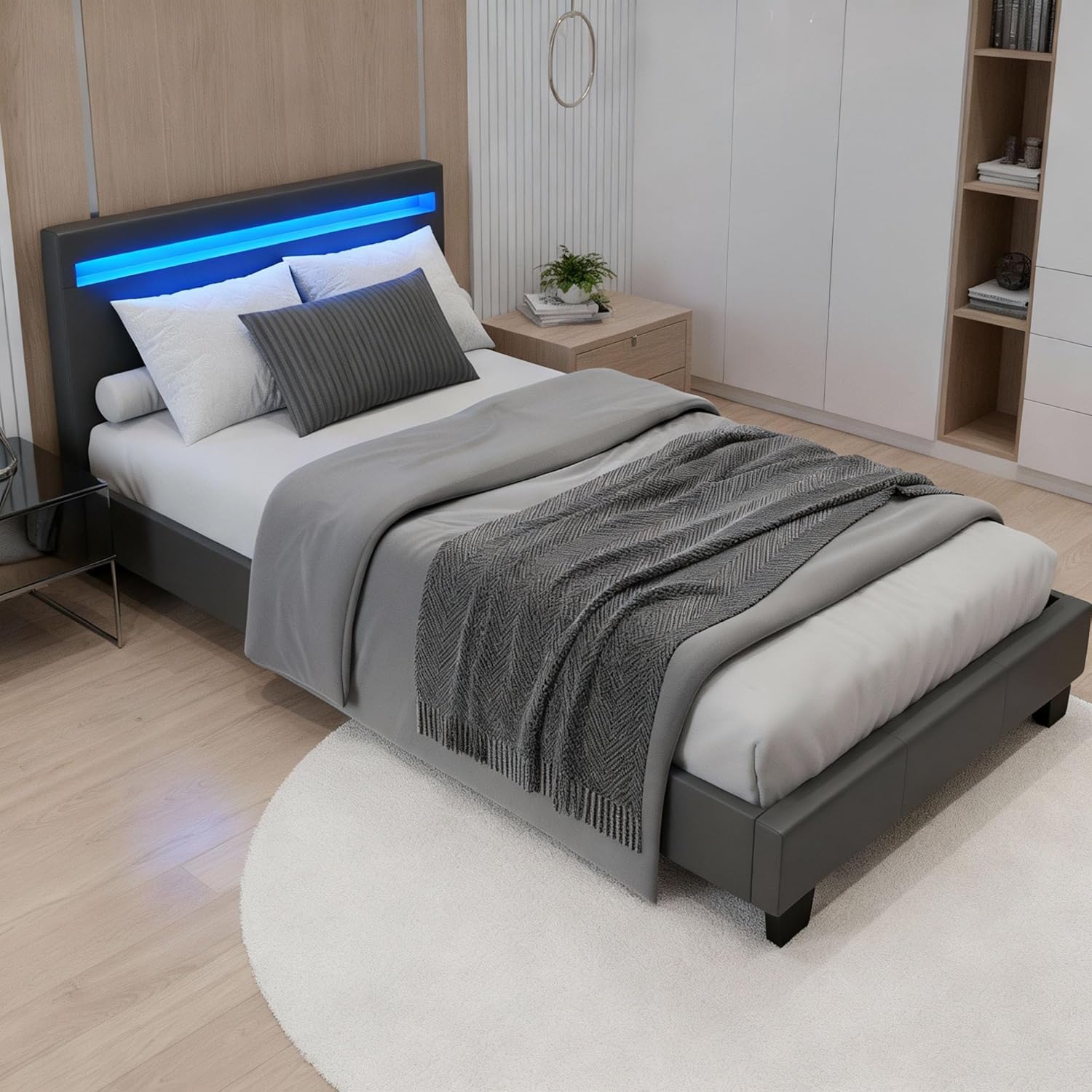 Juskys Polsterbett Paris 90x200 cm grau mit Matratze - Einzelbett + LED-Beleuchtung, Lattenrost & Kopfteil - Bett aus Holzgestell & Stoff-Bezug