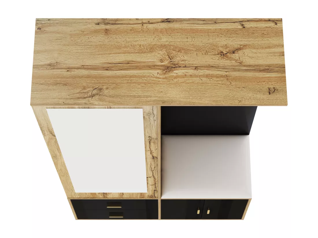 Armoir 100x38x108.1cm - Avec miroir - Avec meuble à chaussures - Avec crochets et cintres rétractables - Noir + Naturel