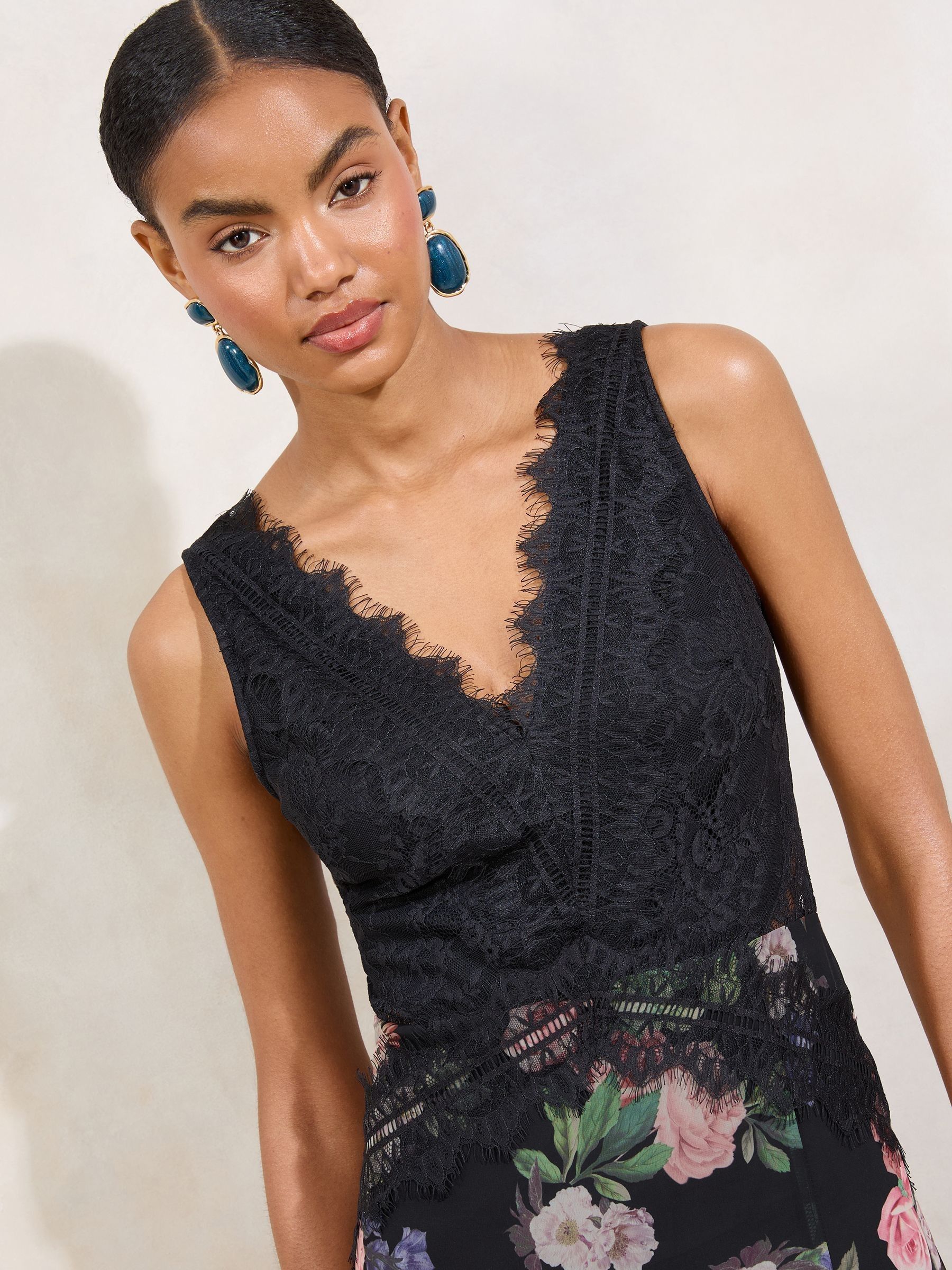 Lipsy Floral Printed Lace Mix V-Neck Maxi Dress