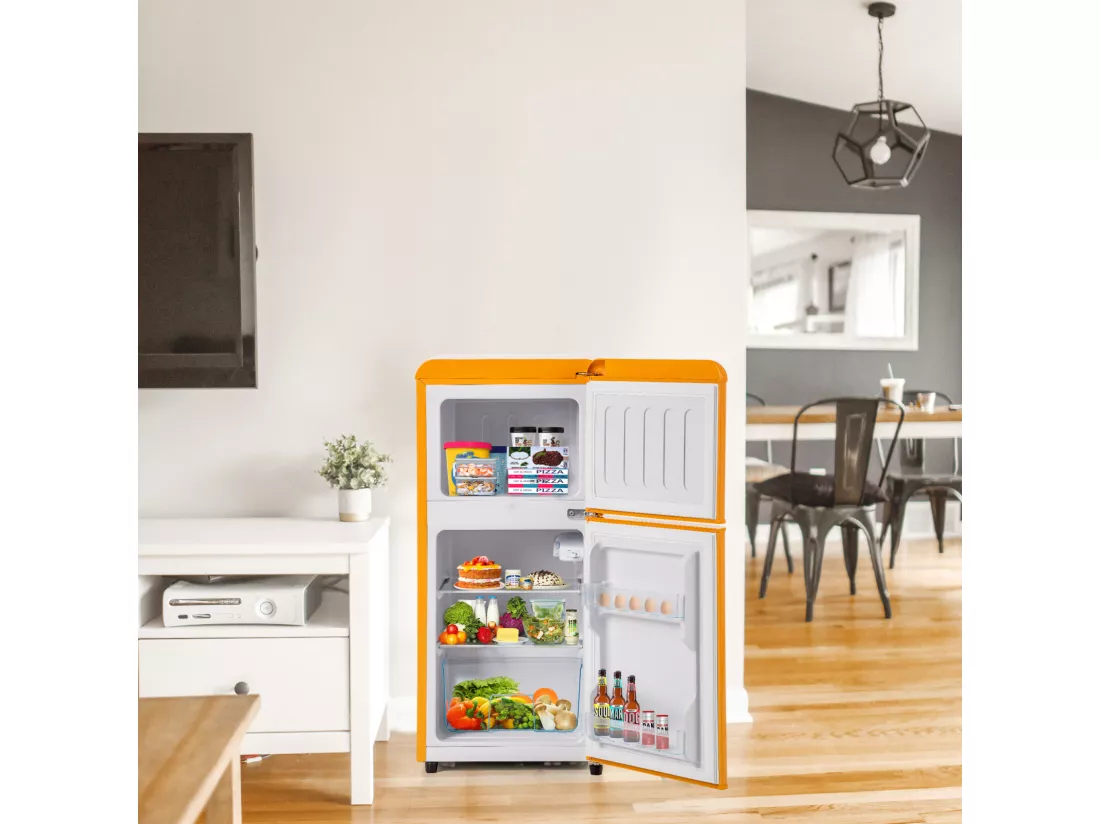Réfrigérateur Rétro H86x45Lcm - Réfrigérateur Congélateur LED 2 Portes 60L + Congélateur 22L, 163kWh/an, Double Casier à Oeufs et Trois Etagères Intérieures - jaune