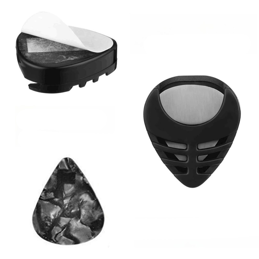 (14-tlg. Set) Selbstklebender Gitarren Plektrum Halter Pickholder inkl. 12 Celluloid Plektren - Assortiert