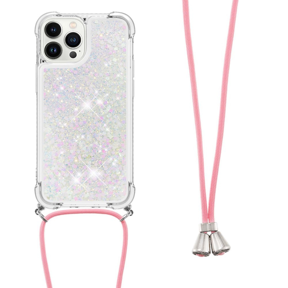 iPhone 14 Pro Necklace Gummi Hülle Liquid Glitzer   Handykette (130cm) - Rosa / Silber