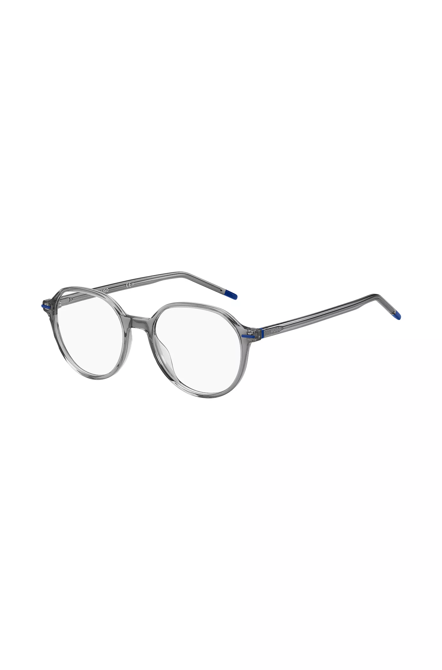 Armação de óculos HUGO em acetato vermelho-cinza com detalhes em azul.
