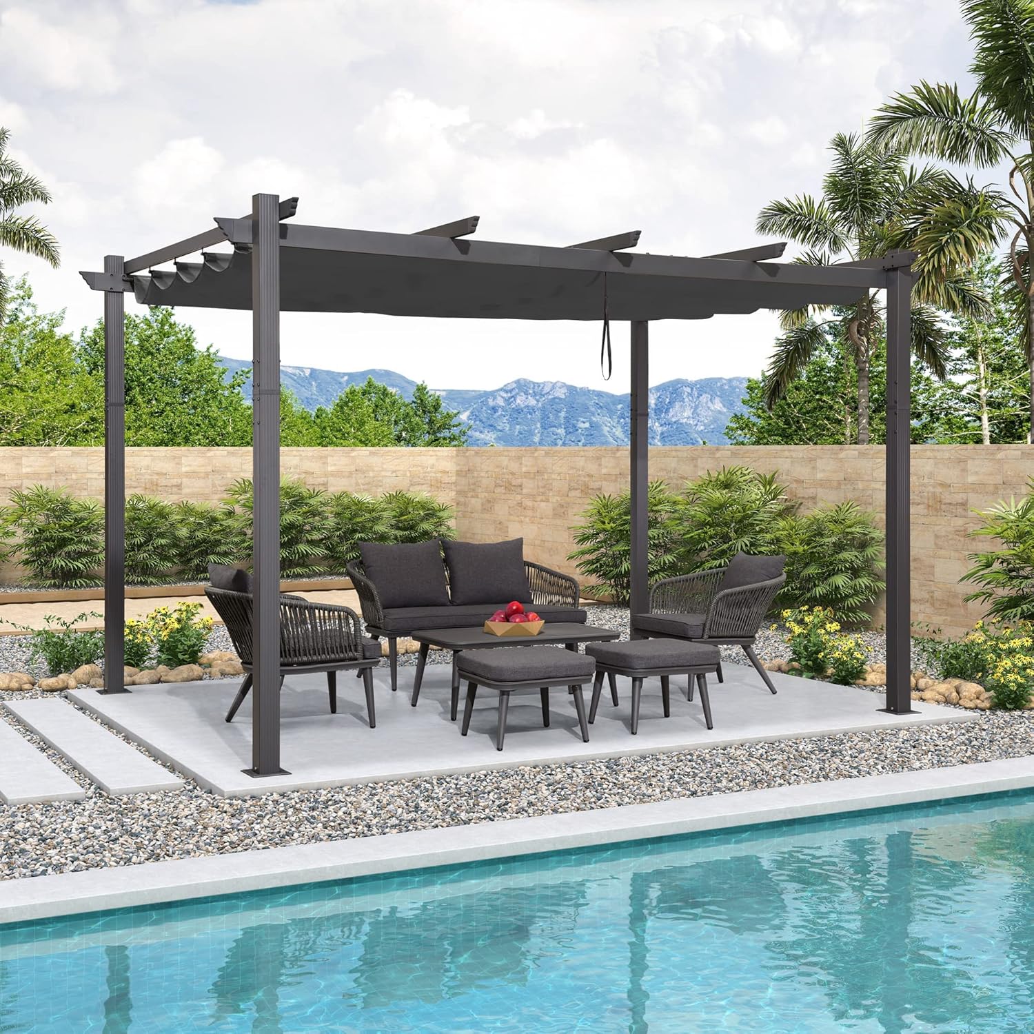 PURPLE LEAF Pergola 3 x 4 m Wasserdicht Stabil Winterfest, Aluminium Gartenpavillon mit Wetterfestes Schiebedach, Terrassenüberdachung Freistehend, UV-Schutz, Grau