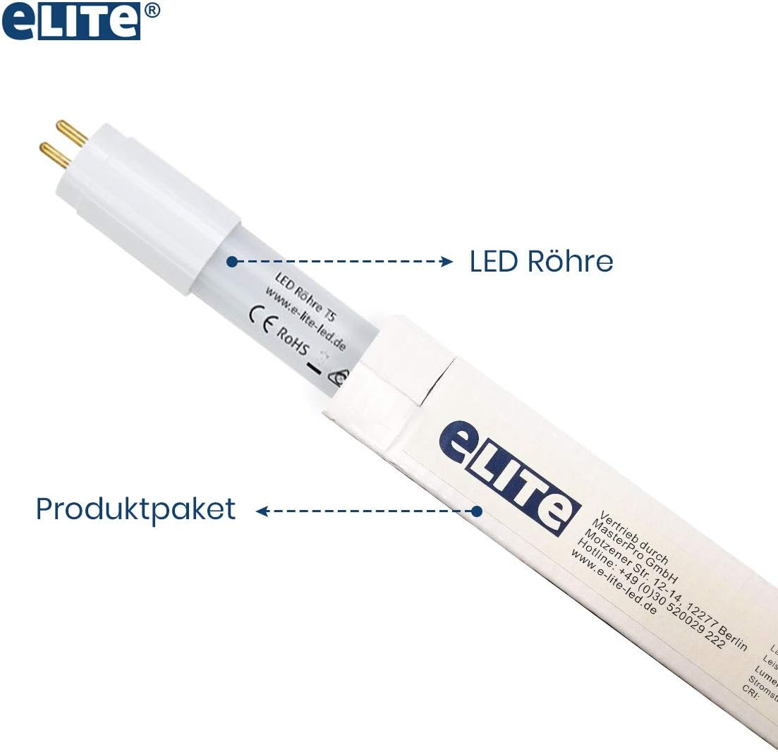 eLITe LED Röhre T5, 51,7cm, 7W, sehr hell, 680lm, 830, 3000 Kelvin, Warmweiß, NUR FÜR EVG, 140 Grad, homogenes Licht, langlebig 50.000h, 3 Jahre Garantie, 10 Stück