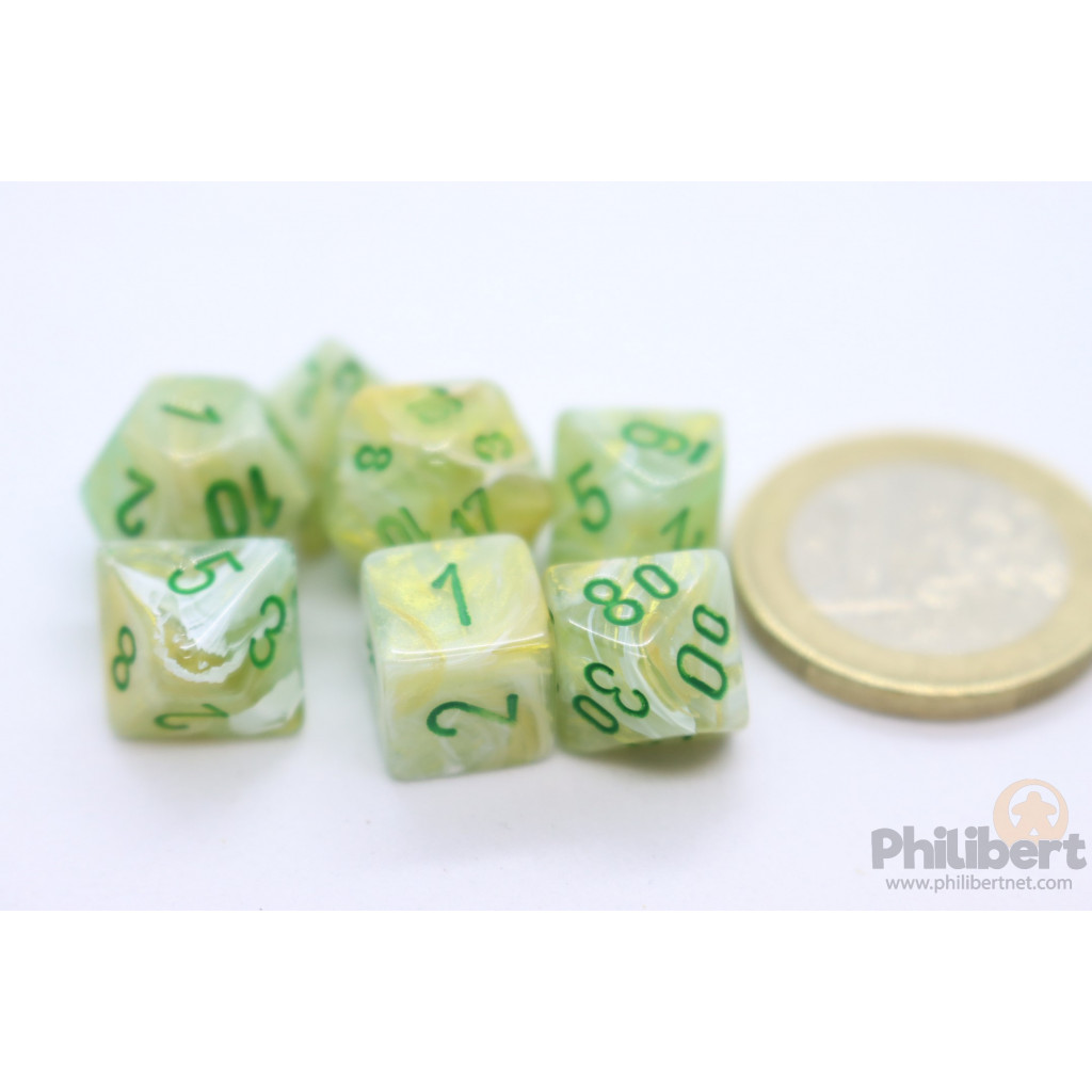 Set de 7 Mini Dés JDR Chessex : Marble Green / Dark Green