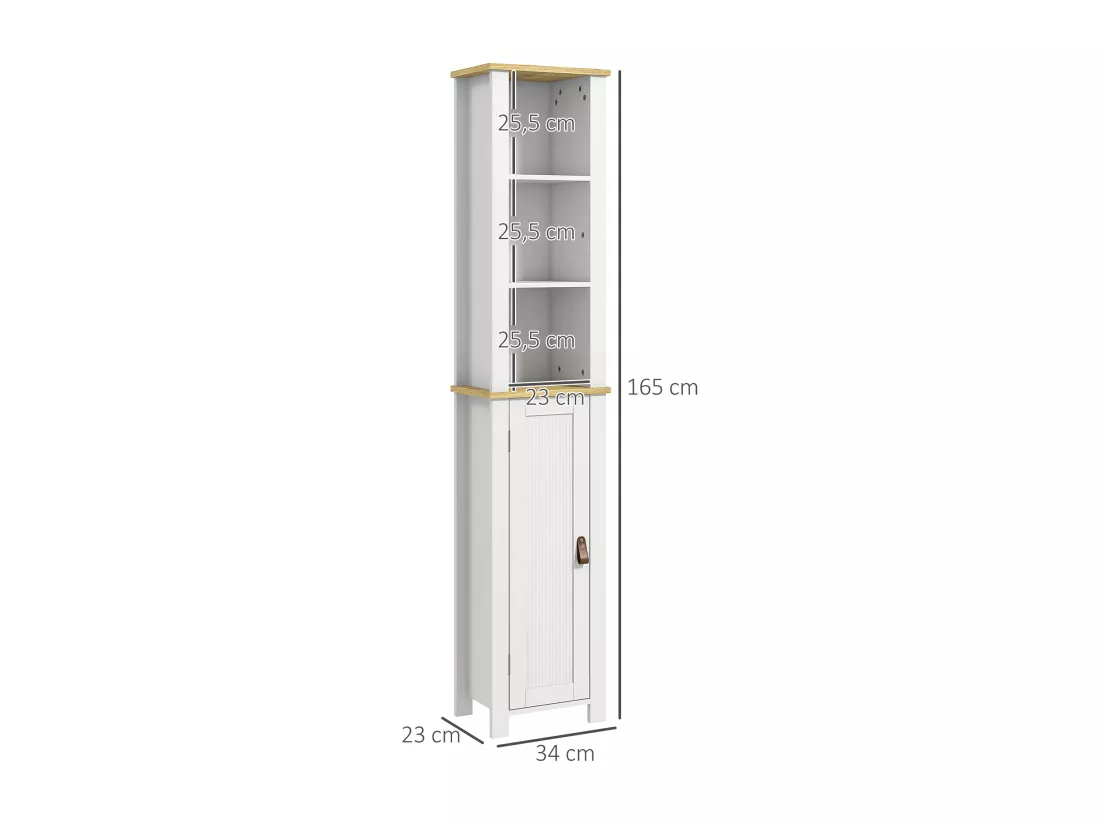 Meuble colonne rangement de salle de bain sur pied porte 2 étagères 3 niches aspect bois clair blanc