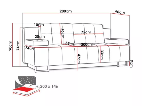 Canapé convertible Columbus 151, Boîte de literie, 90x200x90cm, Mobilier déjà assemblé