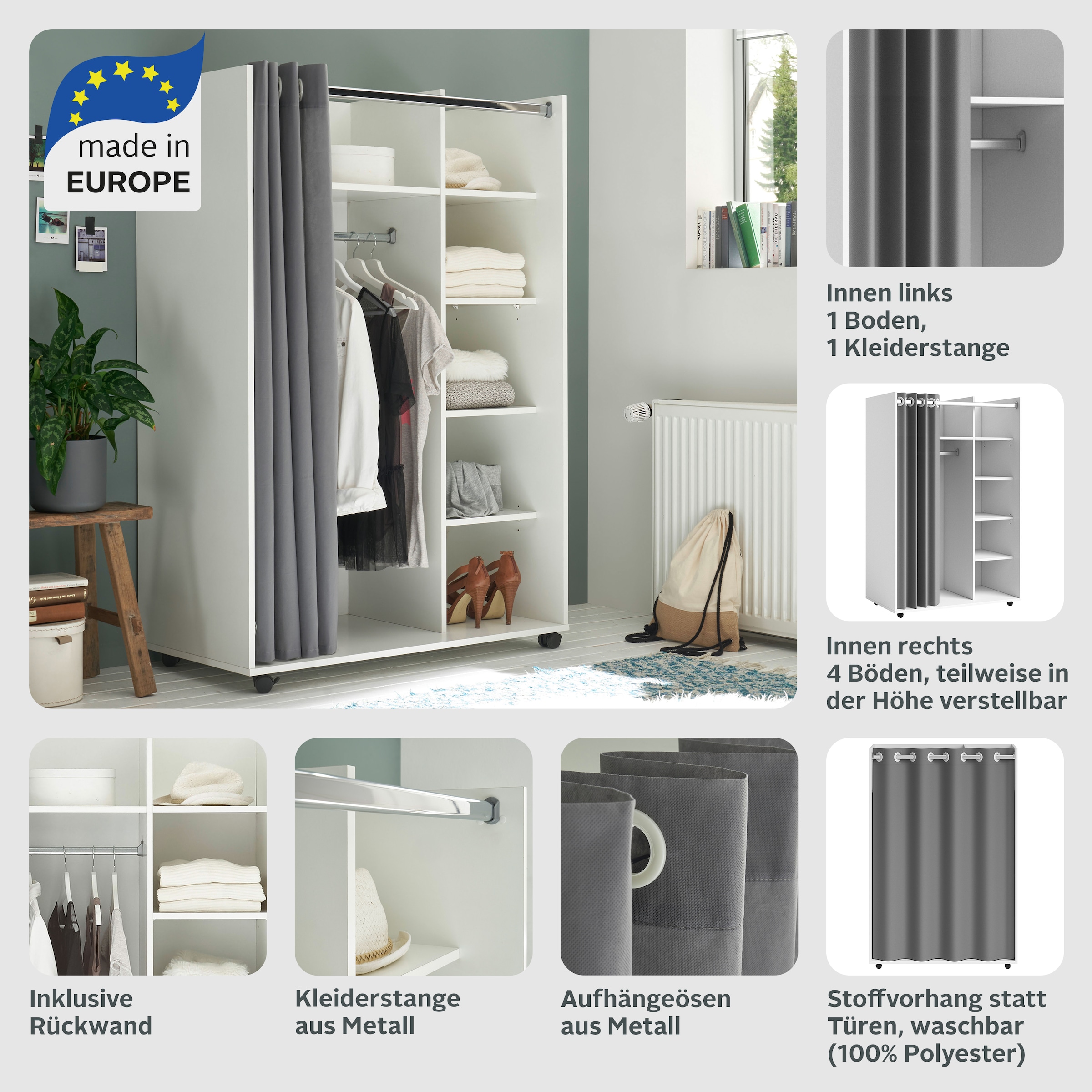 Schlafkontor Kleiderschrank »Jenke Kleiderschrank Schlafzimmerschrank auf Rollen - BESTSELLER« Allzweckkleiderschrank Schrank mit modernen Vorhang Garderobe