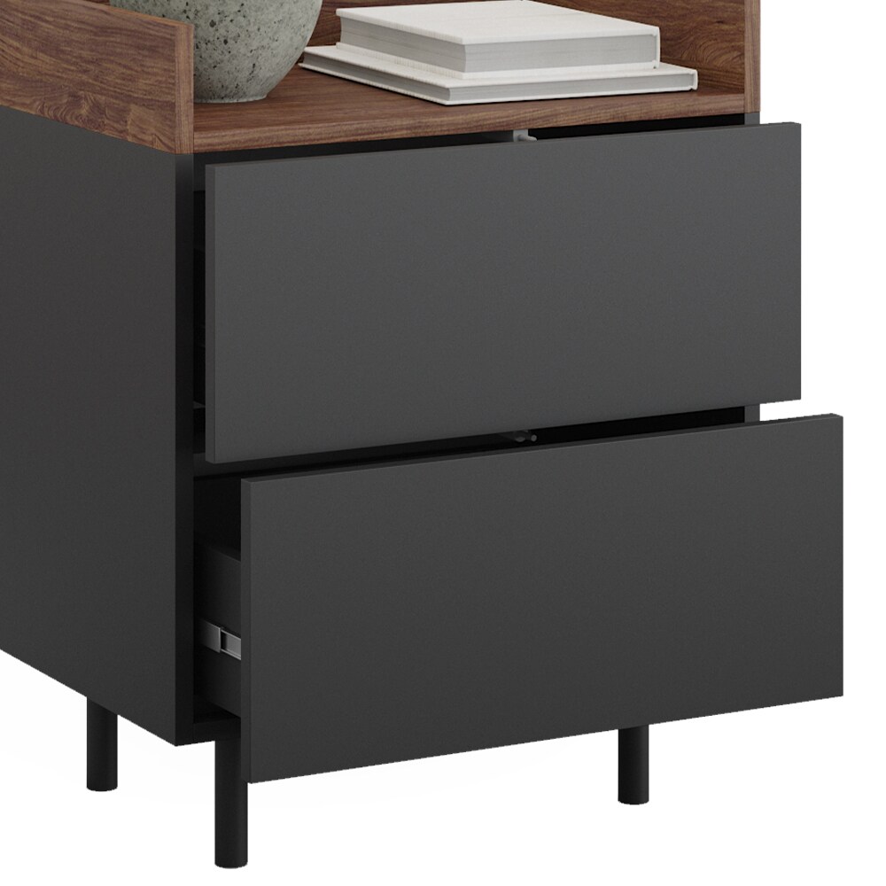 Vicco Nachttisch Anika, 54 x 68 cm, Anthrazit Walnussbraun mit 2 Schubfächer