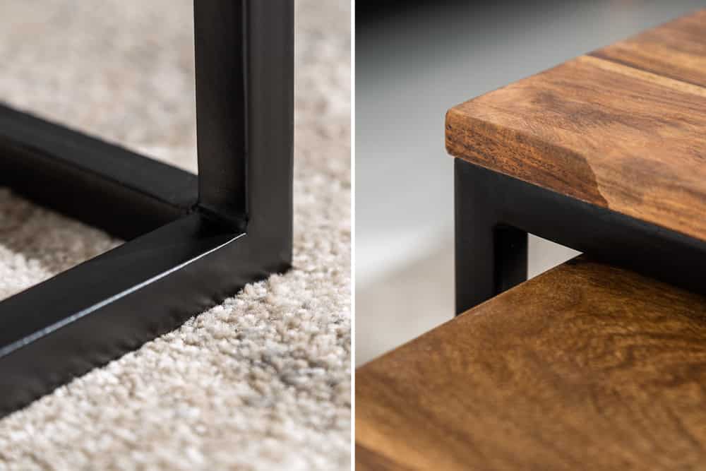 2er Set Couchtisch ELEMENTS 65cm braun Sheesham Massivholz stone finish Eisen schwarz