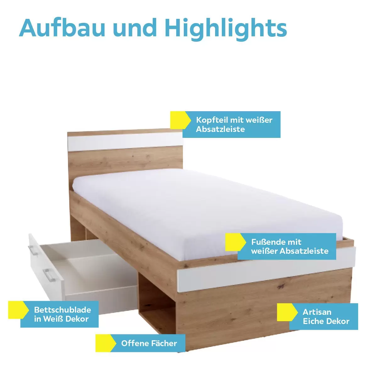 Bett Box 90x200 weiss,Eiche
