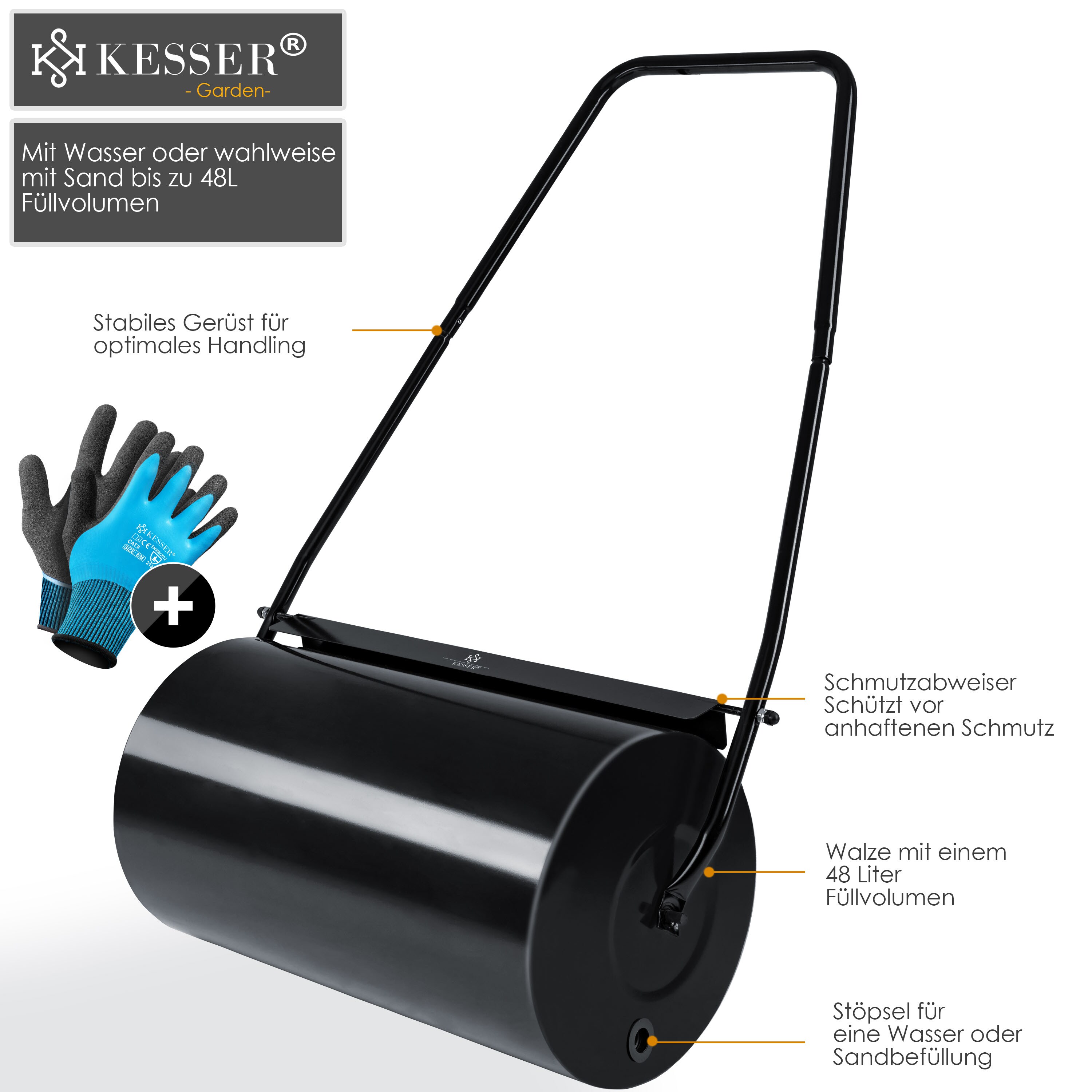 KESSER® Rasenwalze 60cm 48L Füllvolumen Metall mit Schmutzabweiser & Handschuhen Handwalze Rasenroller Gartenwalze Ackerwalze Walze befüllbar mit Wasser / Sand 60 kg
