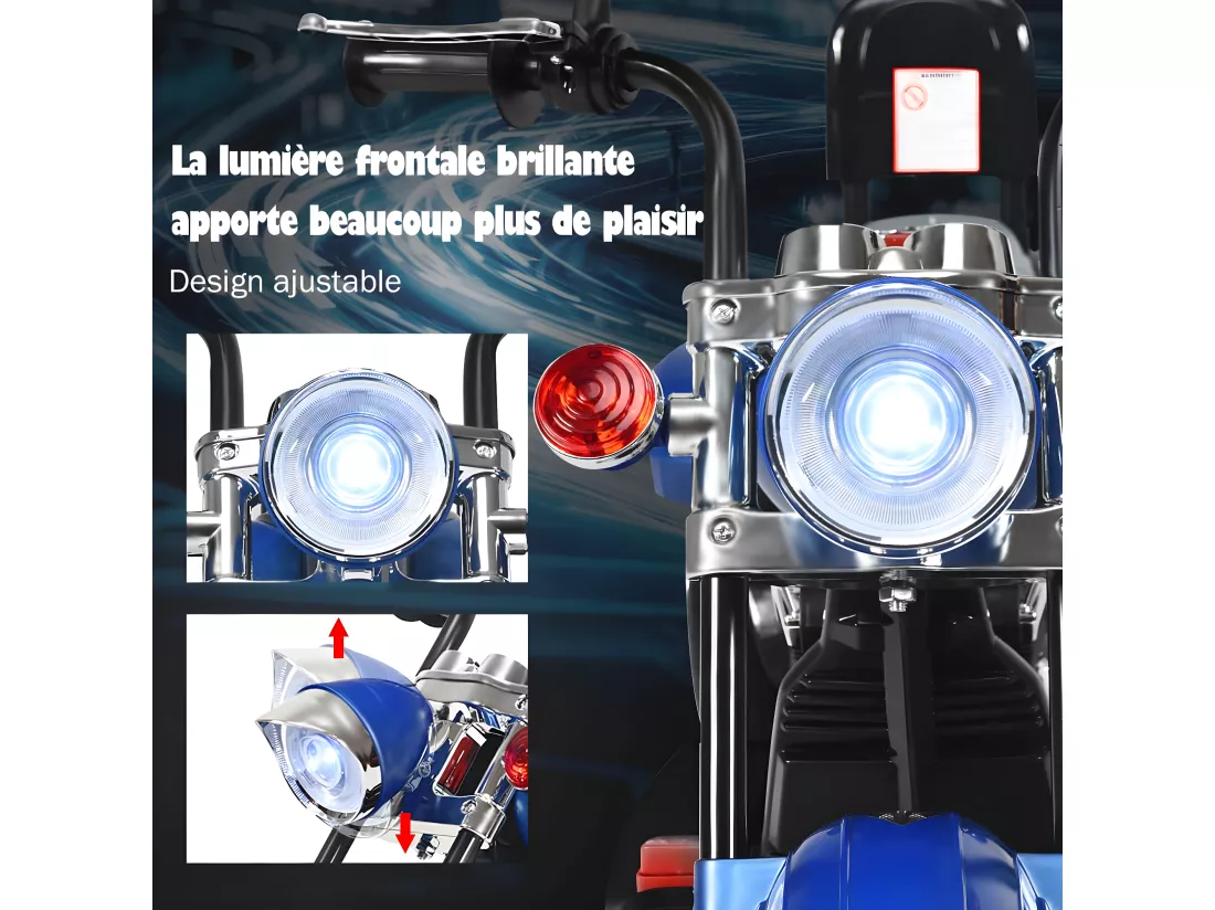 Moto Électrique 6V pour Enfants Scooter avec 3 Roues Effet Sonore et Lumineux, 3Km/h Max, 3 Ans + Style de Chopper Bleu