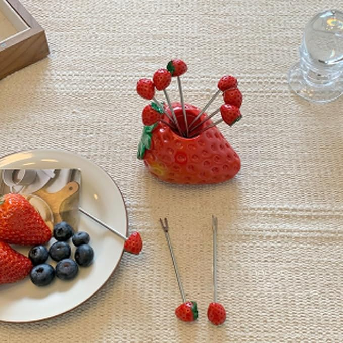 (11-tlg. Set) Cocktail Sticks Fingerfood Party Spiesse Deko Frucht Zahnstocher Schokoladen Fondue Picks inkl. Halterung - Erdbeere