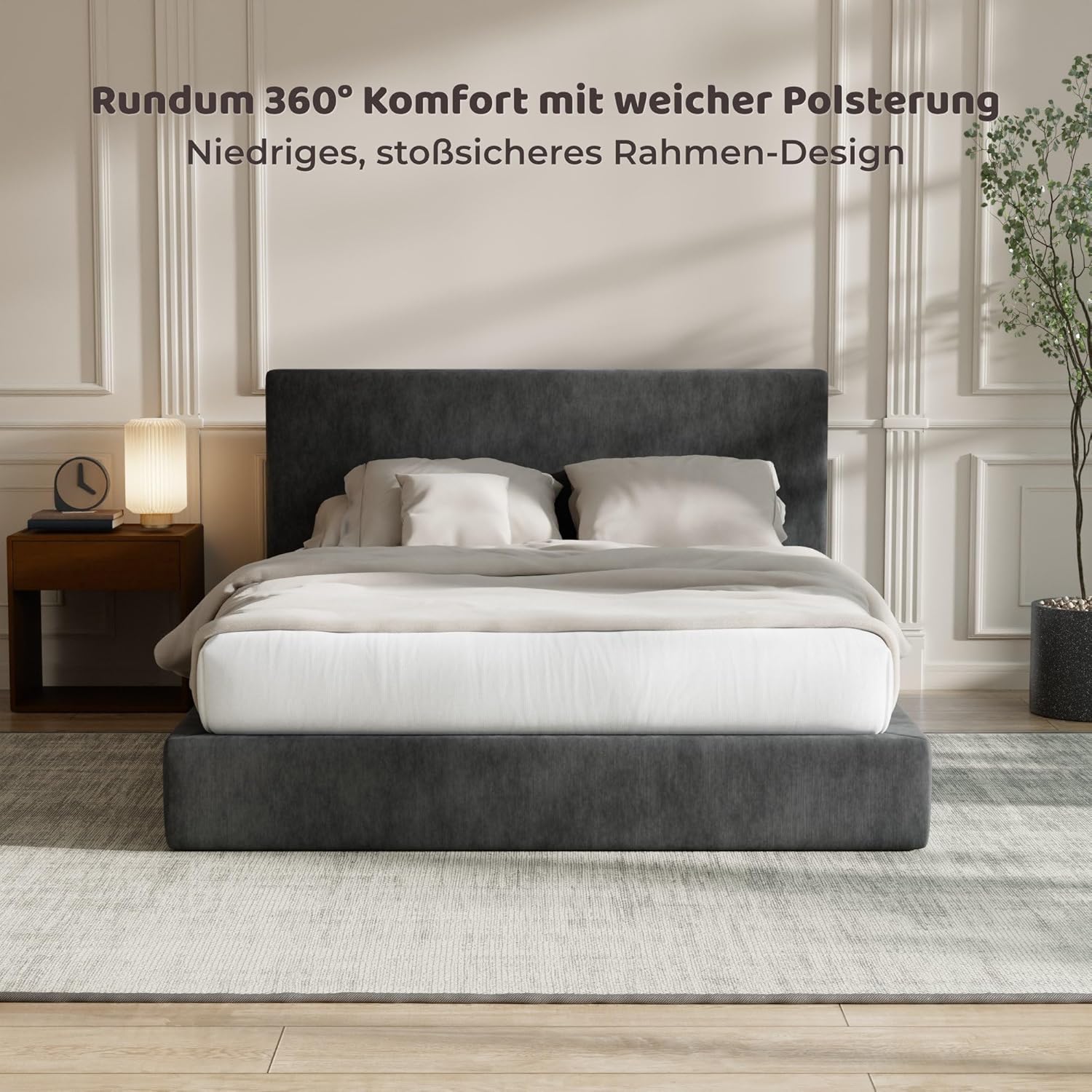 RECCI Cloud Polsterbett 140x200cm mit gepolstertem Kopfteil, 5 cm weiche Schaumstoffpolsterung, doppelbett ohne Boxspring, leises Bettgestell im Schlafzimmer, familienbett (Schwarz) (140x200cm) | weiche Polsterung, familienfreundlich JL4757869