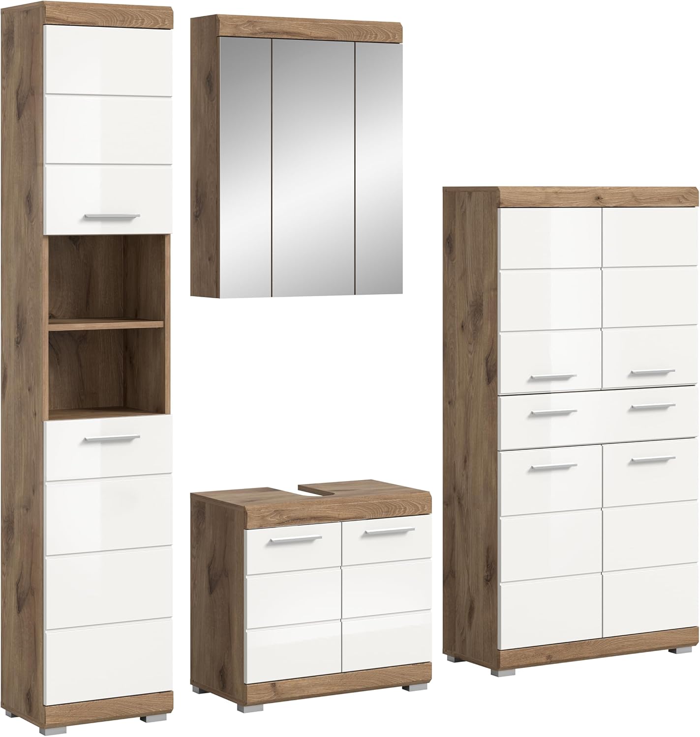 xonox.home Bad Wave X06E4B27 Badkombination Badmöbel-Set in weiß Hochglanz tiefzieh und Nox Oak Nachbildung, ca. B/H/T 204x191x34 cm
