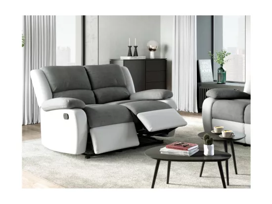Canapé Relaxation 2 places Microfibre et Simili Léo - Blanc et gris - L143 x 93 x 96cm - Loungitude