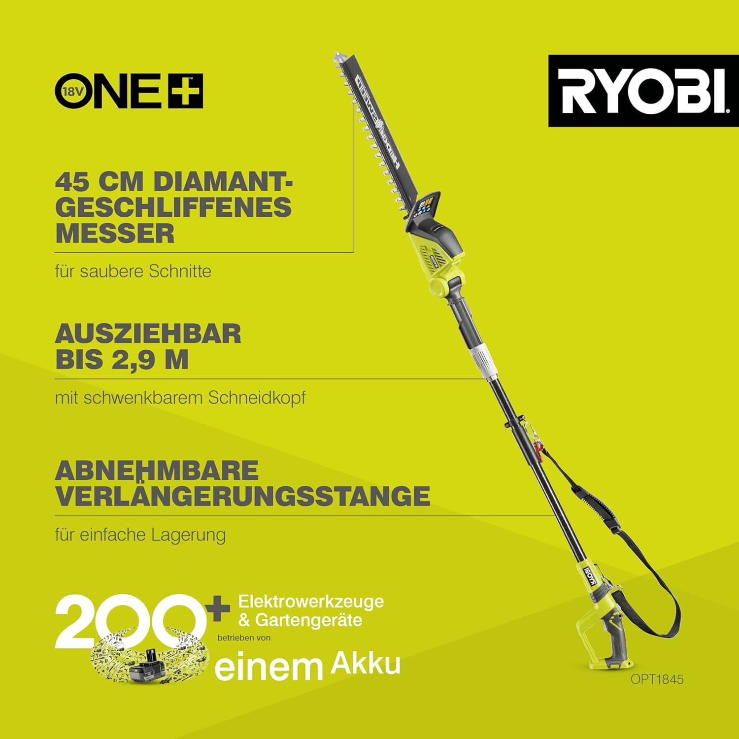 RYOBI 18V ONE+ Akku-Teleskop-Heckenschere OPT1845, 45 cm Diamant-Messer, 18 mm Schnittstärke, 135° Schneidkopf, ohne Akku und Ladegerät