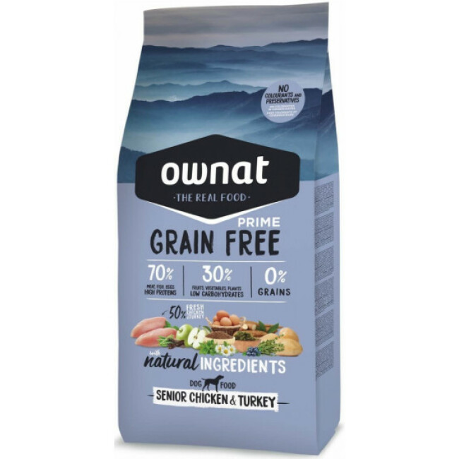 Croquettes Ownat Grain Free Prime Senior Poulet et Dinde sans céréales pour chien senior