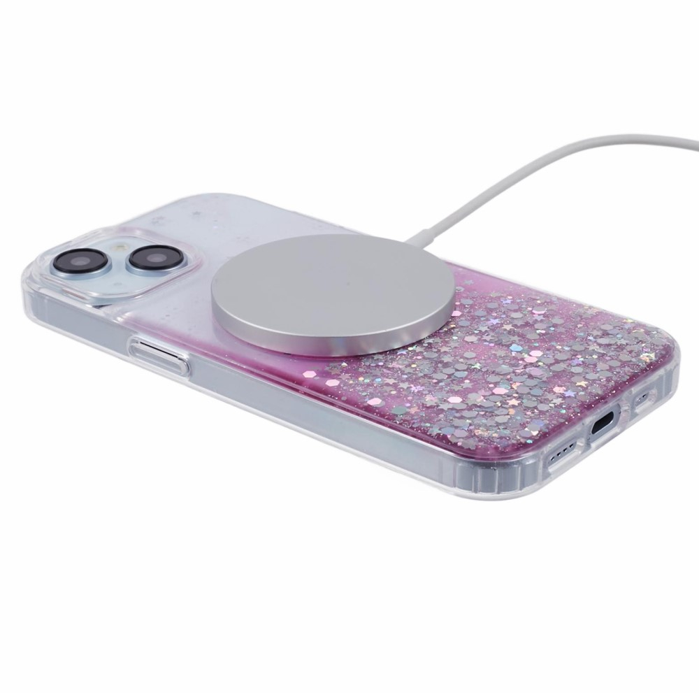 iPhone 13 MagSafe Hülle mit Acryl Rückseite und Farbverlauf im Glitzer Design - Rosa