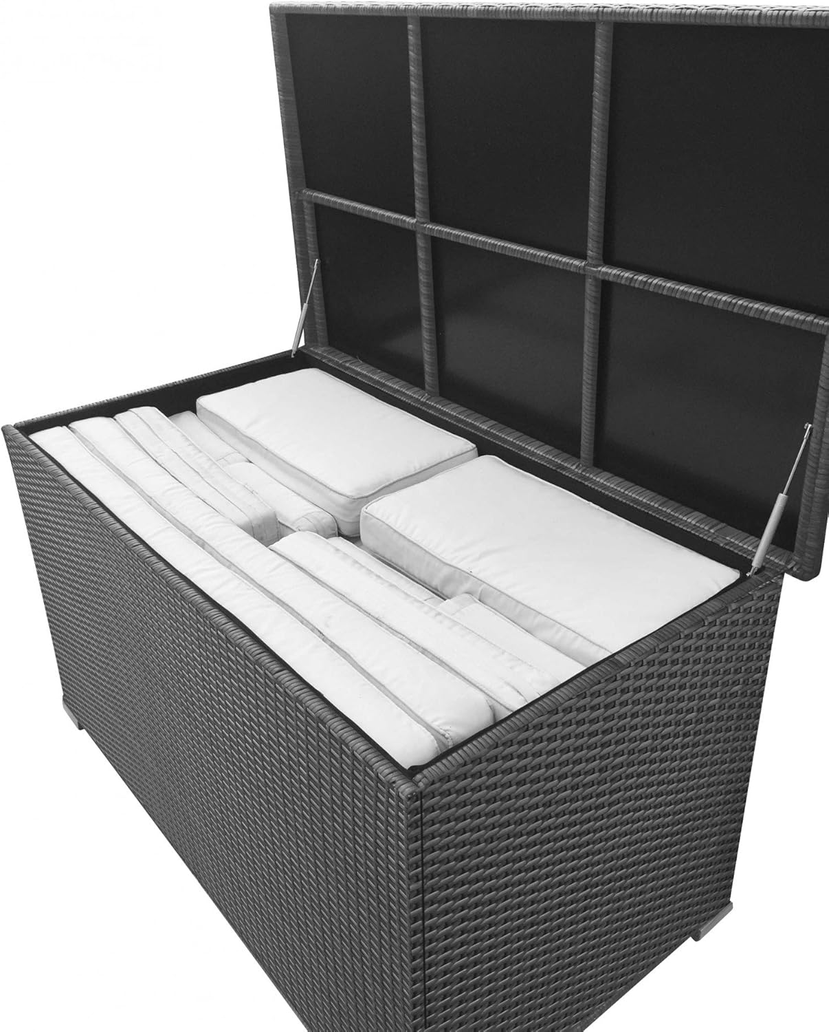 RS Trade® 950 L Poly Rattan Auflagenbox Aufbewahrungsbox Kissenbox wetterfest und wasserdicht 146 x 83 x 80 cm, mit verstärktem Deckel und Gasdruckfedern, auch als Tischplatte geeignet; Silber