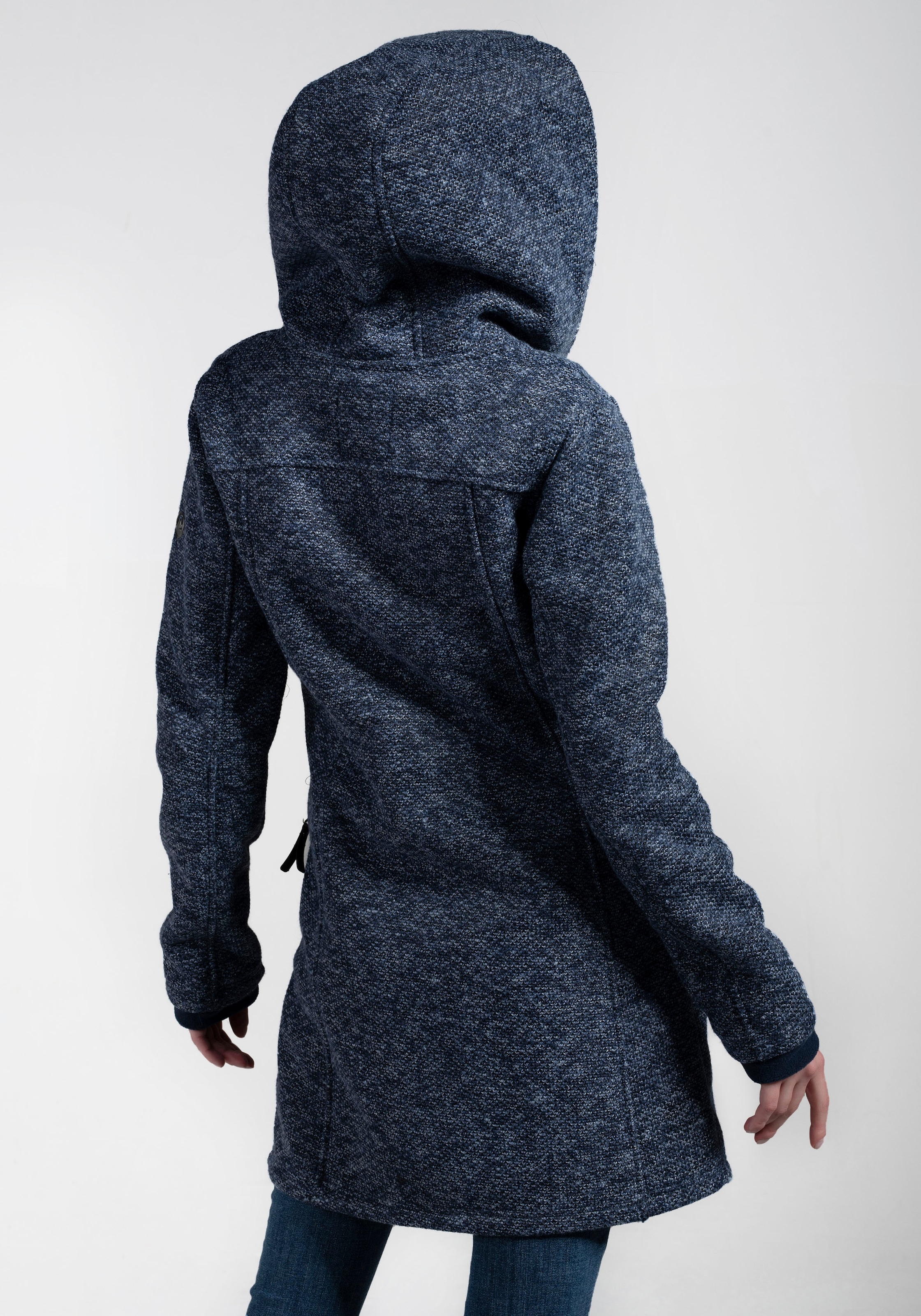 Polarino Strickmantel , atmungsaktiv und wärmeisolierend. Strickoptik aussen, Fleece innen.