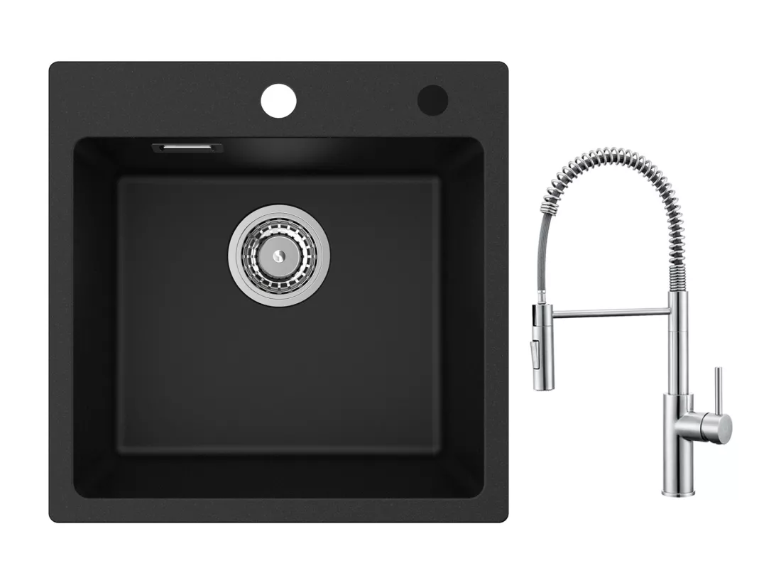 Cecipa max Evier Quartz Noir 45x45 cm Evier 1 Bac en Quartz et Résine Evier de Cuisine + Mitigeur Cuisine à Ressort Brossé avec Douchette Extractible