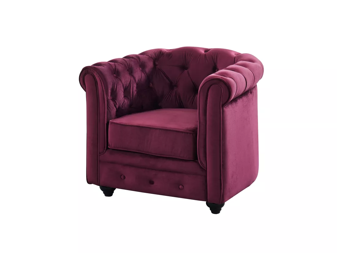 Canapés 3 places, 2 places et fauteuil en velours pourpre CHESTERFIELD